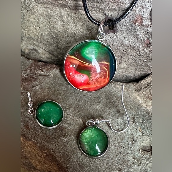 Vibrant Multicolor Pendant and Earring Set Handmade Jewelry Acrylic Paint 4175 - Picture 2 of 12